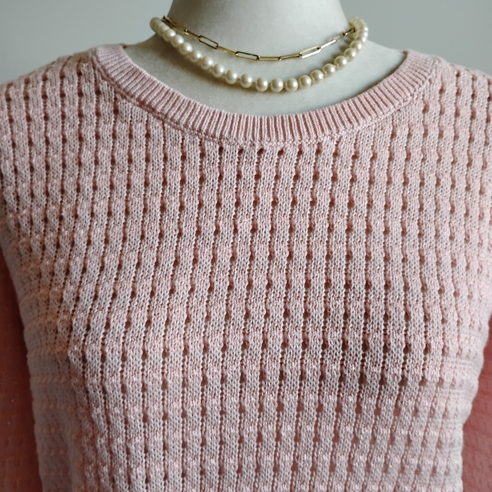 Talbots Cotton Blend Basket Weave Knit 3/4 Sleeve Pastel Pink Sweater Sz Medium - Picture 1 of 17